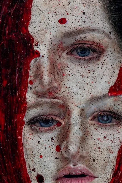 Prompt: hyperrealism mixed with glitch, glitched extreme close-up portrait of medieval female with freckles, in red paint, pale skin, wearing dark silk, in style of broken classicism mixed with abstraction painting of evil, suffer, agony, horror