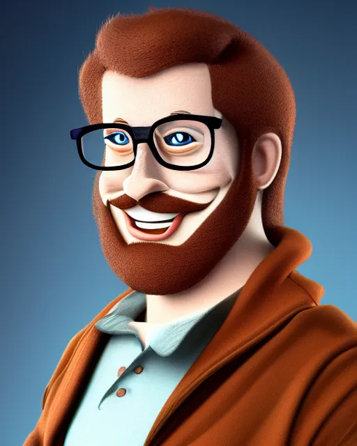 Prompt: pleasant, happy, husky, nerdy man character portrait, wearing polo shirt, dark auburn wavy hair, full beard, glasses without frames, freckles, by don bluth, highly detailed, dynamic shadows, 4 k, wallpaper - 1 0 2 4, cell shaded