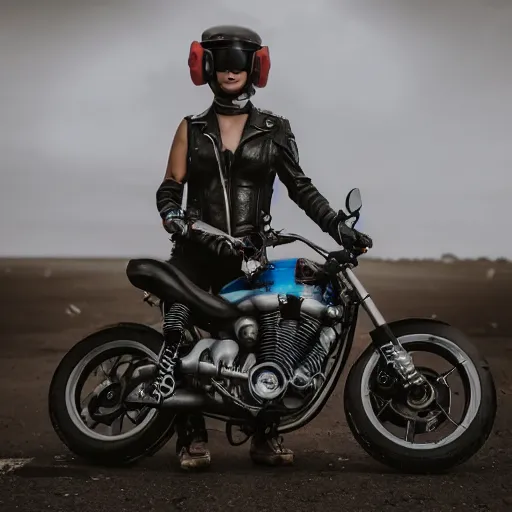 Image similar to a girl dressed in cyberpunk gear sits on a motorbike in a dystopian landscape, 5 0 mm lens, f 1. 4, sharp focus, ethereal, emotionally evoking, head in focus, volumetric lighting, blur dreamy outdoor,