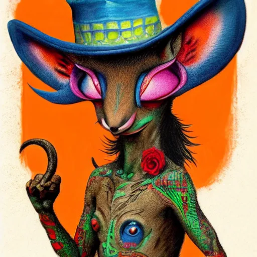 Image similar to a dik dik monster with tattoos, wearing a fedora, tattoos, colorful, digital art, fantasy, magic, trending on artstation, ultra detailed, professional illustration by basil gogos