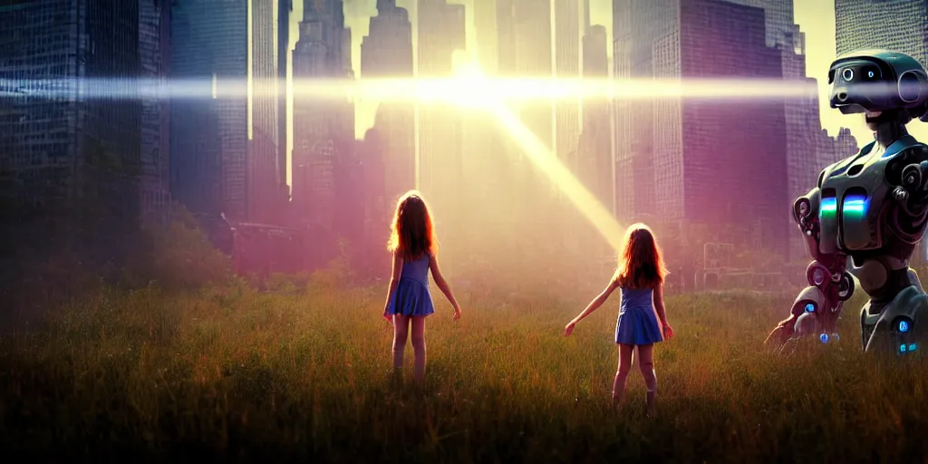 Image similar to sci - fi scene future new york, little girl by herself in the city holding onto the outstretched hand of a giant robot, forest punk, little girl meets robot, crepuscular rays, epic scene, hyper realistic, photo realistic, overgrowth, cinematic atmosphere, ethereal lighting,