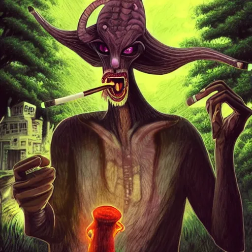 Image similar to a centered chest up portrait of a psychedelic demonic anthropomorphic wendigo smoking a hand - rolled cigarette smoking heavily, magic mushroom village in background. award winning. superb resolution. in the art style of junji ito and greg rutkowski. detailed mushroom city in background. hyper realistic anime. perfect art. dalle 2