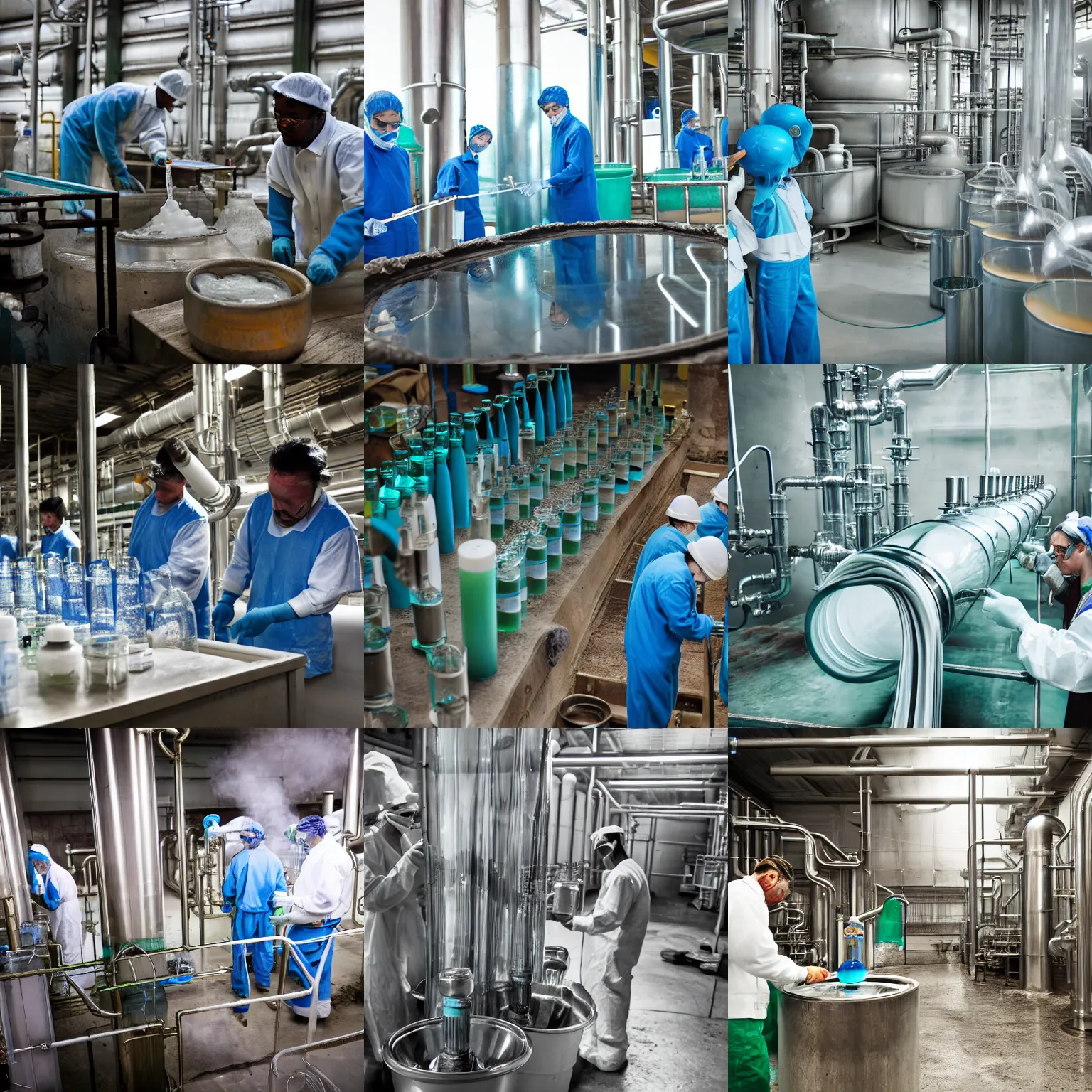 Prompt: toothpaste refinery, glass pipes showing toothpaste inside, workers refining toothpaste, high definition photograph, documentary still, 4k HD,