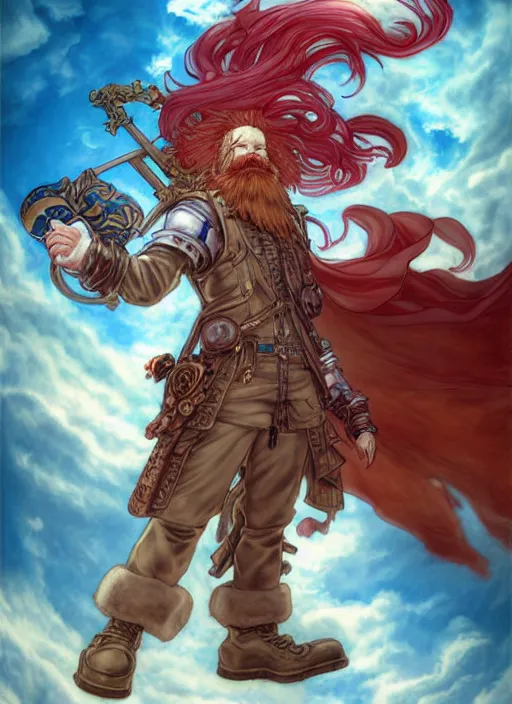 Image similar to prompt : ragnarok online portrait soft light painted by james jean and katsuhiro otomo and erik jones, inspired by akira anime, epic fantasy, a long red haired, red bearded male sky - pirate smirking whilst standing in front of an airship, intricate oil painting, high detail illustration, sharp high detail, manga and anime 1 9 9 9