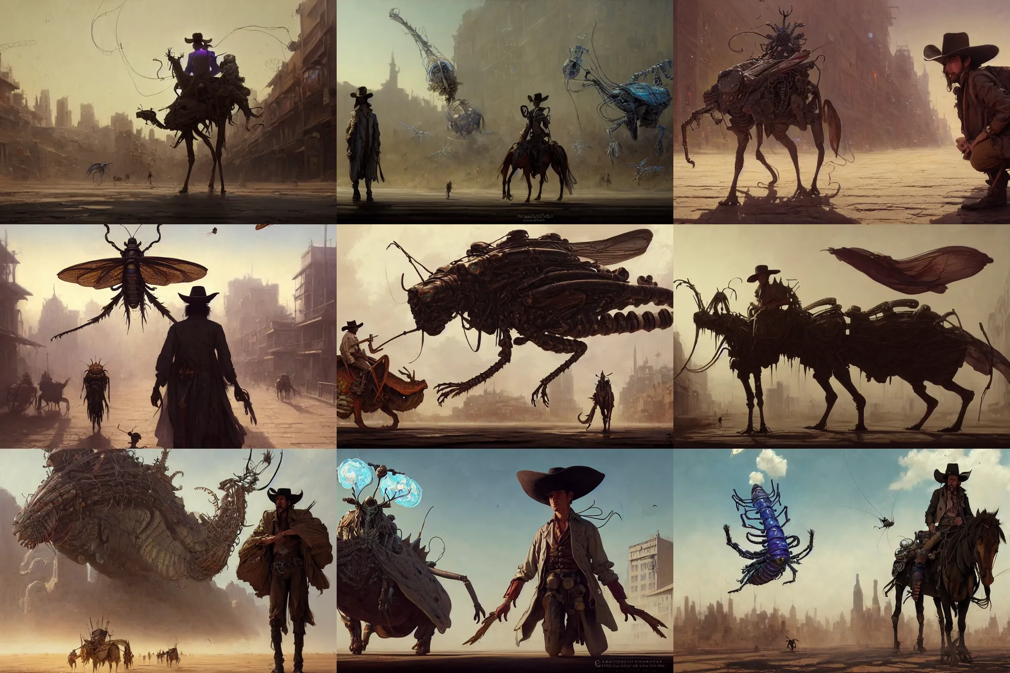 Prompt: A very highly detailed cowboy wizard with spellbooks and potions riding on a very higly detailed giant grasshopper insect on the street of a wild west town digital rational painting art by Greg Rutkowski, sci-fi highly detailed, digital concept art, sharp focus, realistic concept art by Stephen Hickman and James Gurney and Hiromasa Ogura Ghost in the Shell rendered in Octane Render, From the distance