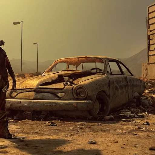 Image similar to picture of a broken down car in wasteland fallout i style with a mutant standing in front of in. artstation trending 4 k award winnind