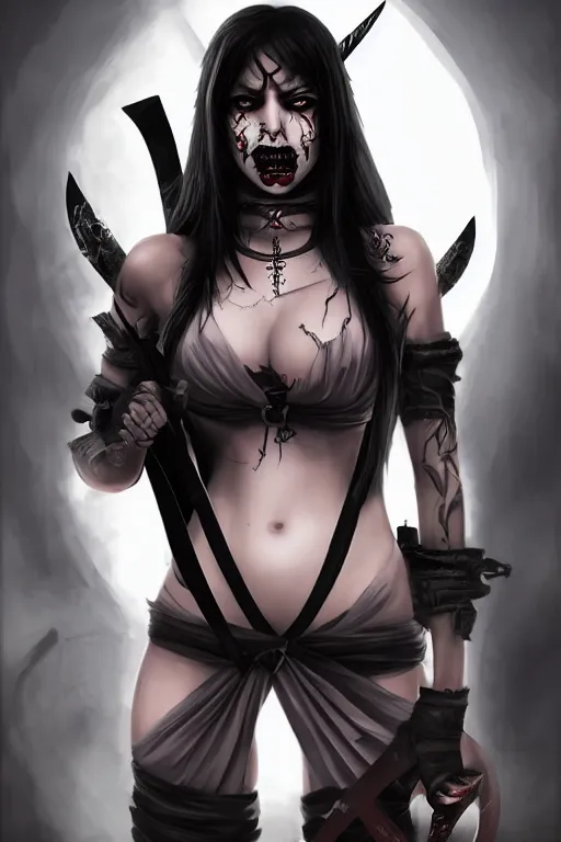 Prompt: demon girl warrior with swords, goth ninja, pretty face, ultra detailed, digital art, 8k ,character ,realistic, portrait, hyperrealistic