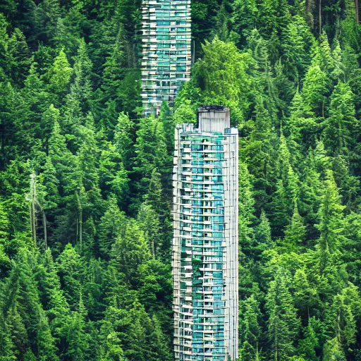 Prompt: lush cascadian forest, futurist fascist skyscraper, landscape designed by richard burle marx, award - winning photograph in architecture digest, canon ts - e 2 4 mm f / 3. 5 l ii ultra - wide tilt - shift lens, high resolution, 8 k