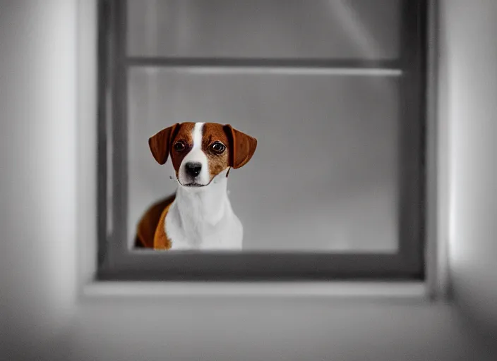 Image similar to photography of a Jack Russel . watching outside the window. on a bed. in a vintage room full of vinyls and posters.,volumetric light, photorealistic,, award winning photo, 100mm, sharp, high res