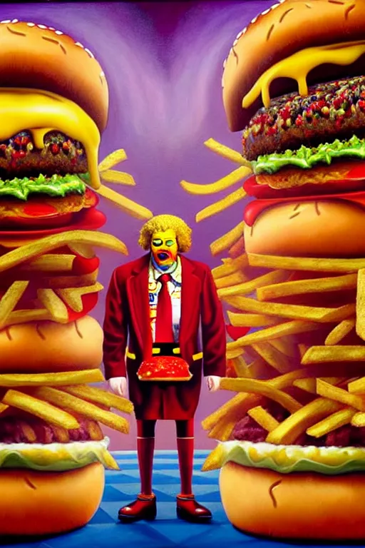 Image similar to a hyperrealistic painting of an epic boss fight ronald mcdonald ornate supreme dark overlord, gross hamburgers and fries, cinematic horror, by chris cunningham, lisa frank, richard corben, highly detailed, vivid color,