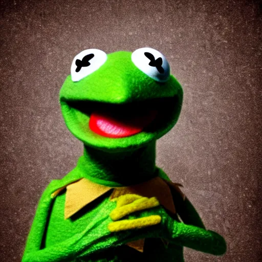 Image similar to a realistic photograph of Kermit the frog holding a kitchen knife, horror vibe