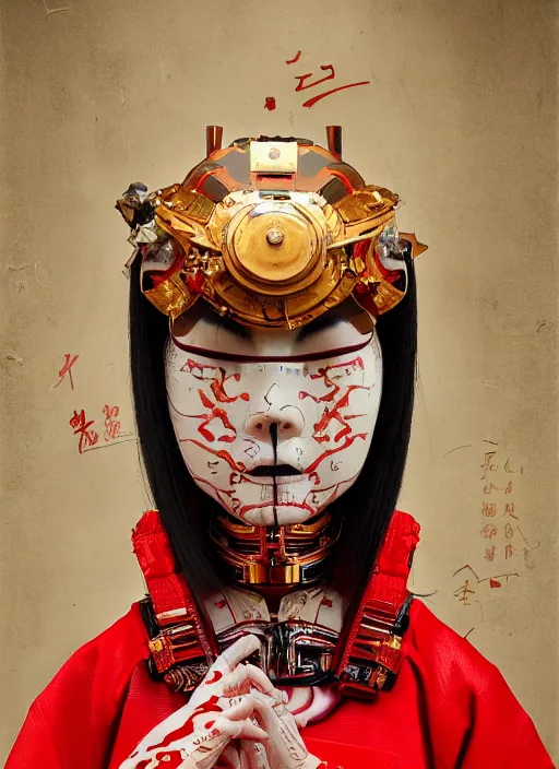 Image similar to portrait of a futuristic geisha cyborg, with a red kimono with japanese golden signs written on it, kintsugi, modern fine art, fractal, intricate, elegant, highly detailed, digital photography, parallax, subsurface scattering, in the style of ghost, by jheronimus bosch and yue minjun and greg rutkowski,