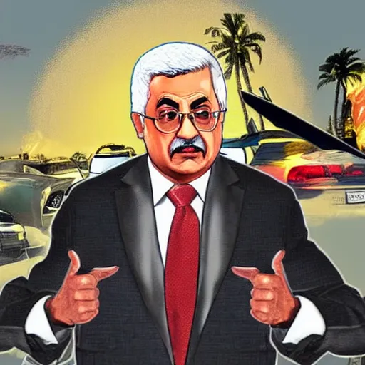Prompt: Mahmoud Abbas GTA 5 loading screen illustration