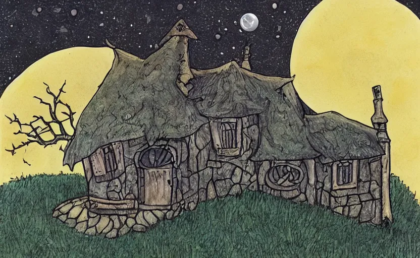 Image similar to a witch's cottage on a lonely hill against a giant moon, color ink on paper