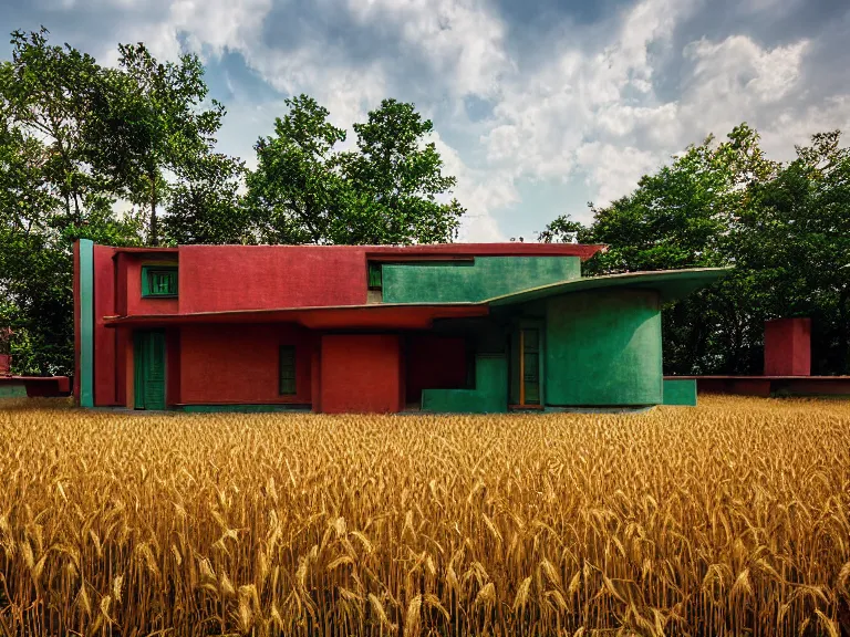 Image similar to hyperrealism colour design by frank lloyd wright and kenzo tange photography from 5 point of perspective of beautiful detailed small solarpunk house with many details in small detailed ukrainian village designed by taras shevchenko and wes anderson and caravaggio, wheat field behind the house, around the forest volumetric natural light