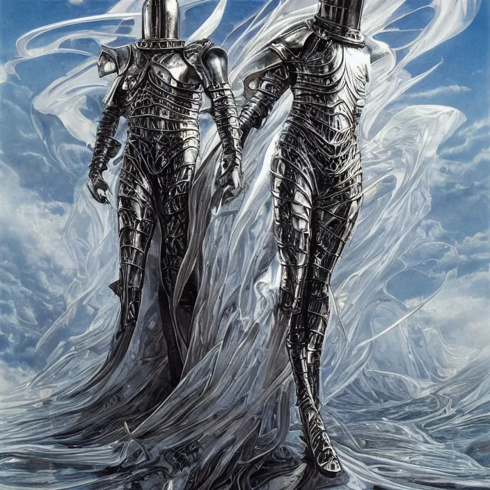 Image similar to teutonic knight, full body, high fashion, latex, futurist, aerodynamic, metallic, sharp, flowing, slick, highly detailed, motion, concept art, smooth, sharp focus, hd, art by alex grey and bruce pennington and annie leibovitz