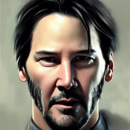 Image similar to keanu reeves as a square headed robot, closeup portrait by greg rutkowski, realistic face, digital art,