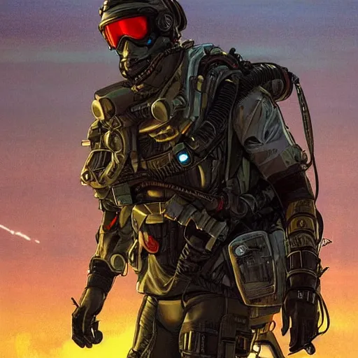 Prompt: Vernon. USN special forces futuristic recon operator, cyberpunk military hazmat suit, on patrol in the Australian autonomous zone, deserted city skyline. 2087. Concept art by James Gurney and Alphonso Mucha