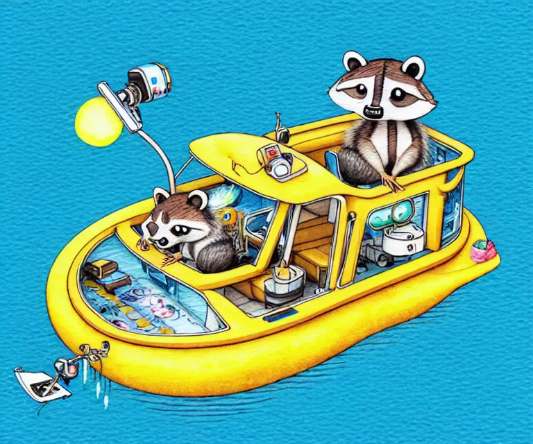 Prompt: cute and funny, racoon driving a tiny pontoon boat with party lights, ratfink style by ed roth, centered award winning watercolor pen illustration, isometric illustration by chihiro iwasaki, edited by craola, tiny details by artgerm and watercolor girl, symmetrically isometrically centered