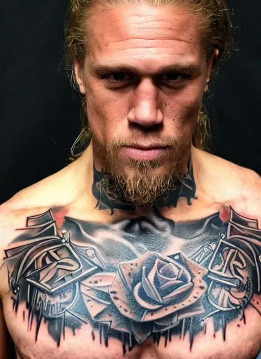 Prompt: photorealistic Portrait of frontal standing pose torso ofa more muscular version of Jax Teller, heavily tattoed. All his skin is covered by SAMCROW tattooes . Intricate, concept art, magic lighting overlays, magical portal opened, D&D!, fantasy style, sharp focus!, ultra detailed, art by Artgerm and Peter Andrew Jones, WLUP, Magali Villeneuve
