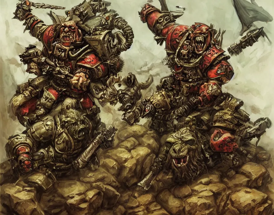 Prompt: Warhammer 40000 portrait of an orc riding a war dachshund by John Blanche