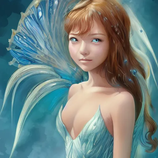 Prompt: 3 / 4 view of a portrait of a water fairy with water wings, elegant, highly detailed, digital painting, artstation, concept art, sharp focus, illustration, strong brush stroke, anime, sharp focus, ghibli studio