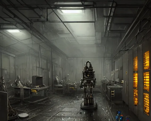 Image similar to gloomy ruined server room in datacenter robot figure automata rusty steel robot knight colossus welder pacing fixing soldering mono sharp focus, emitting diodes, smoke, artillery, sparks, racks, system unit, motherboard, by pascal blanche rutkowski repin artstation hyperrealism painting concept art of detailed character design matte painting, 4 k resolution blade runner