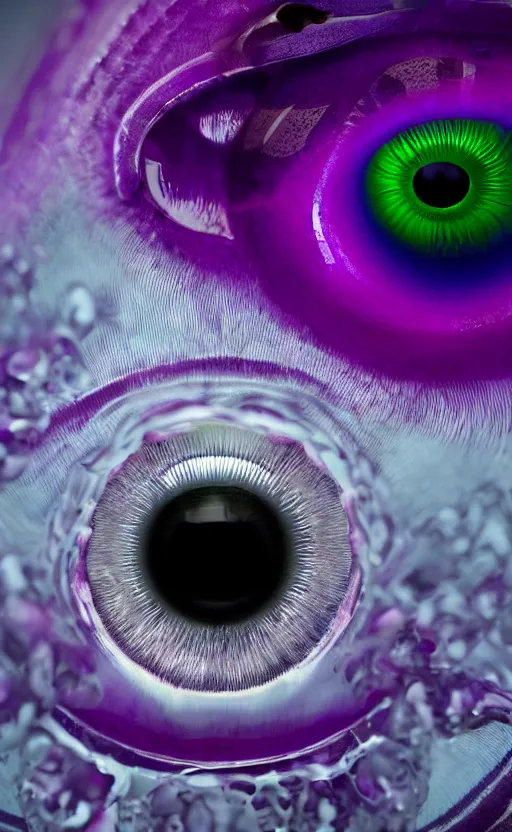 Image similar to macro shot, close-up of a purple squid eye, intricate iris, ultrarealistic, highly detailed, octane render, ray tracing