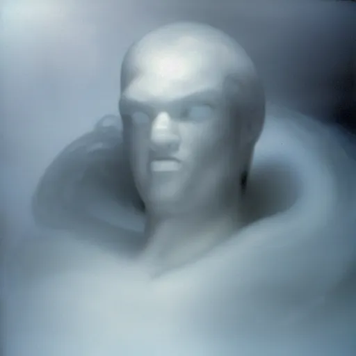 Image similar to iceman portrait, full body. ice twirls around the figure, haze. dark shadows in the background. volumetric light. heavy stormy clouds forming tornado above. all made from ice. h. r. giger.