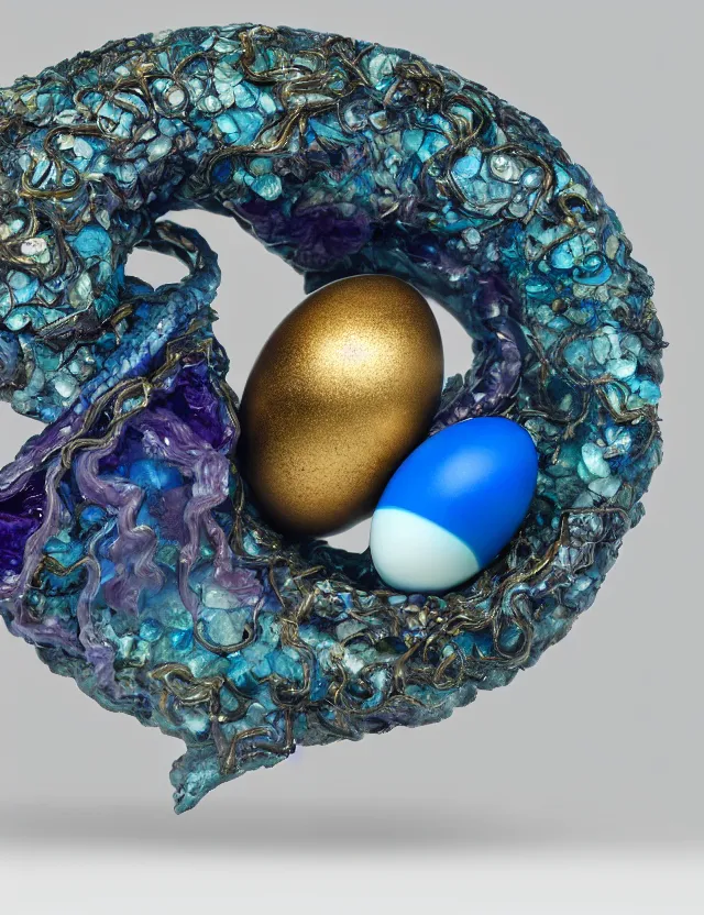 Image similar to a photo of a sculpture of snakes with wings made from blue and emerald and amethyst crystal geode formations encircling a marble egg on a base of obsidian made with liquid gold tendrils flowing by ellen jewett by stanisław szukalski, octane render, recursive, tendrils, elestial crystals, geode, refracted light