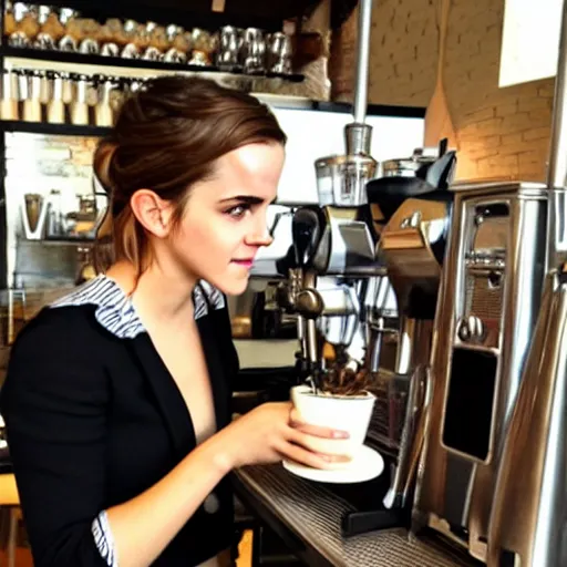 Prompt: emma watson working as a barista in a café