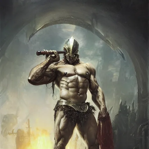 Image similar to handsome portrait of a spartan guy bodybuilder posing, radiant light, caustics, war hero, bloodborne, by gaston bussiere, bayard wu, greg rutkowski, giger, maxim verehin