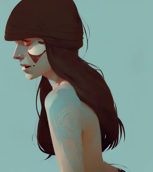 Image similar to portrait of a woman raised on the island face tatooes by atey ghailan, by greg rutkowski, by greg tocchini, by james gilleard, by joe fenton, by kaethe butcher, dynamic lighting, gradient light blue, brown, blonde cream and white color scheme, grunge aesthetic