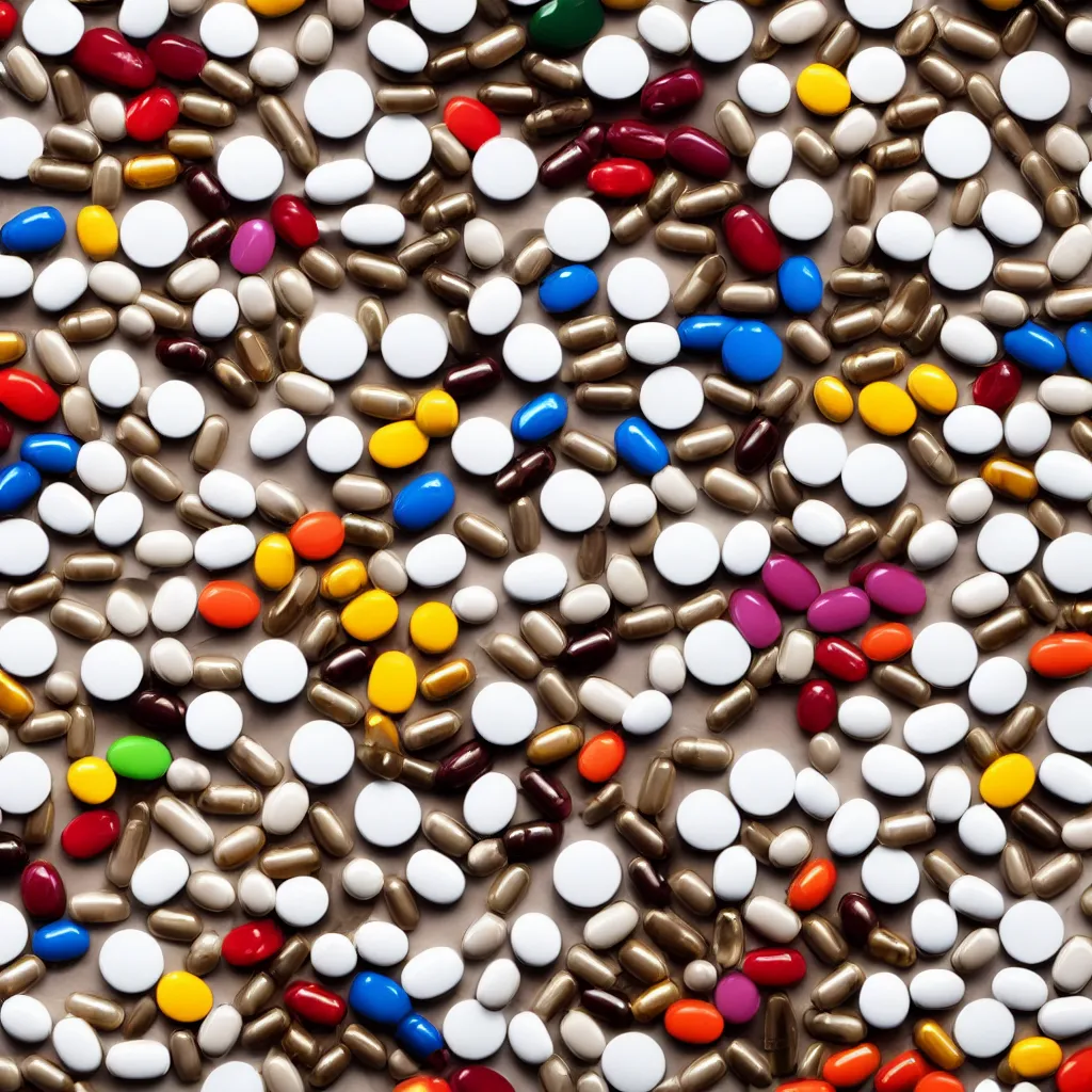 Image similar to top-down view of pills on top of a white wooden table, 4k, photorealistic