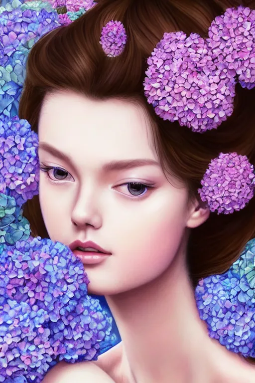 Prompt: hyper realistic digital painting a beautiful young sensual woman morphing into a hydrangea flowers, girl looks like a mix of Audrey Hepburn and Taylor Swift portrait , painting by Miho Hirano and Ayami Kojima, perfect skin, perfect face, gorgeous, symmetrical face, symmetrical body, artgerm, long flowing hair, realistic, photorealistic, editorial photograph, DnD portrait, Magic the Gathering, detailed, intricate, focused, muted colors, trending on artstation