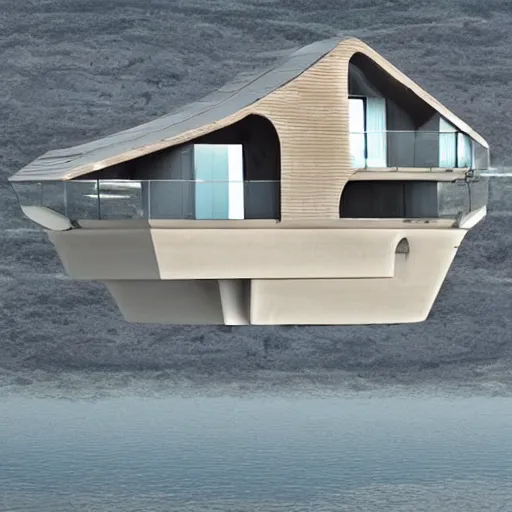 Image similar to a floating luxury house in the sky above a derelict city, the house is floating in the sky