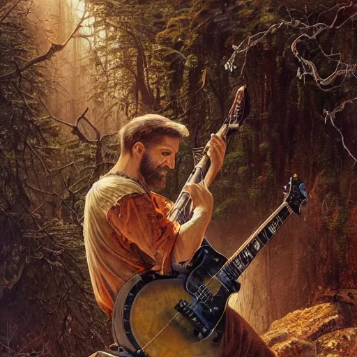 Image similar to Hyperrealistic 1941 The Wolf-Man playing a Gibson electric guitar, by Antonio Caparo, Ferdinand Knab, Greg Rutkowski, Amano, and Karol Bak UHD, vivid colors, photorealistic trending on artstation