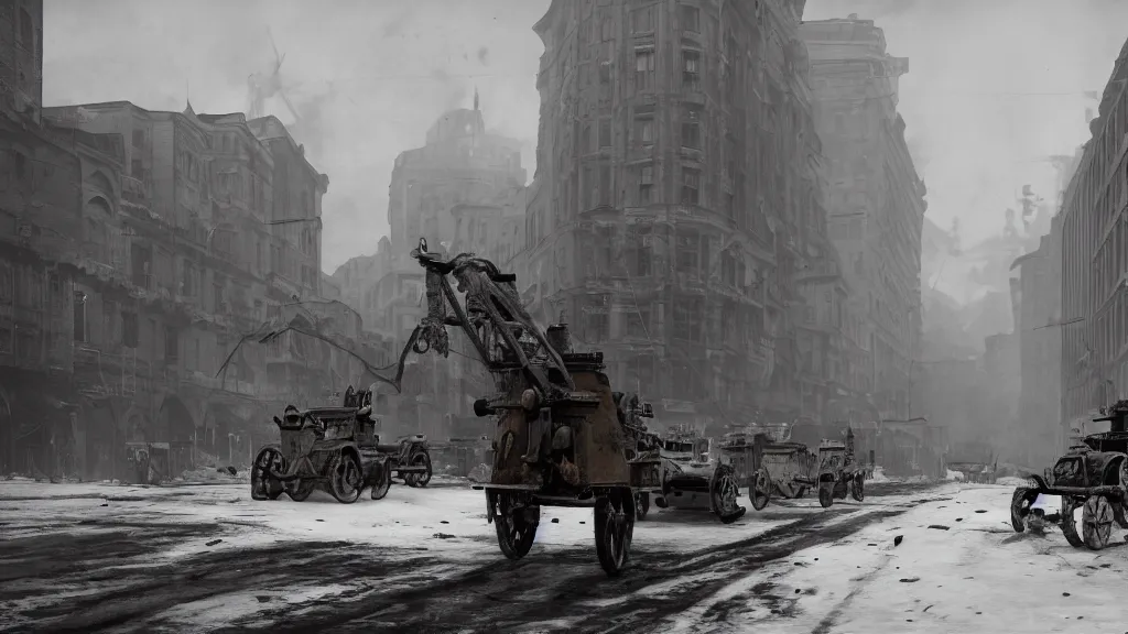 Prompt: It is a time of unrest in 1920's Europa. The ashes from the first great war still darken the snow. The capitalistic city-state known simply as 'The Factory', which fueled the war with heavily armored mechs, has closed its doors, drawing the attention of several nearby countries. octane render, 8k