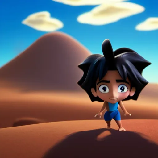 Image similar to profile view of young aladdin as nendoroid walking in a desert in the croods movie style, anime, disney, pixar, 8 k, hd, dof, kodak film, volumetric lighting, subsurface scattering, photorealistic, octane render, details