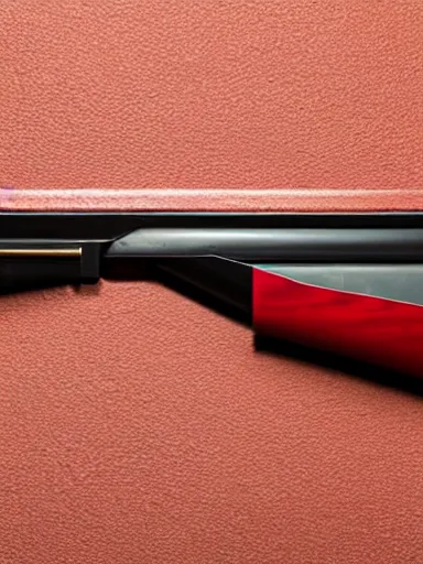 Image similar to a shotgun made from glossy red - painted wood and elements of gold metalwork