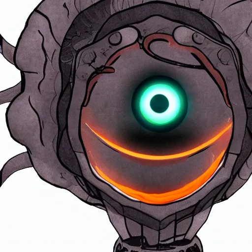 Image similar to GLaDOS as a lovecraftian god, orange glowing eye