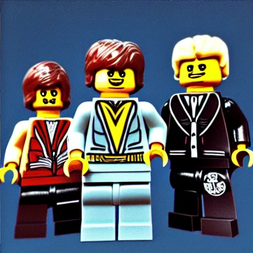 Image similar to Box art for a LEGO set of The Beatles