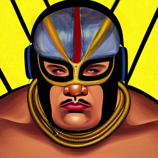 Image similar to portrait of lucha libre dj, muscular, headphones, thick golden ring around the neck, fantasy, intricate, elegant, highly detailed, digital painting, artstation, concept art, smooth, sharp focus, illustration, art by tom of finland