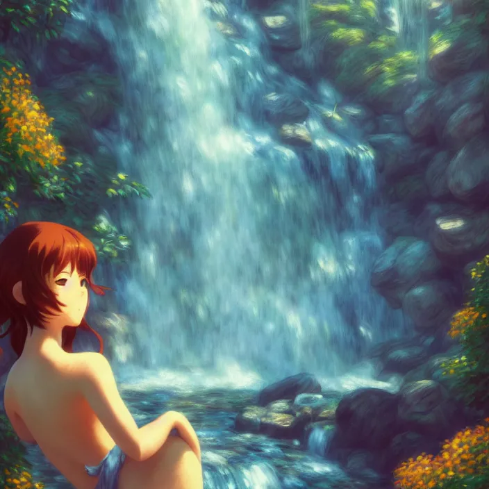 Image similar to an epic makoto shinkai and renoir surreal landscape of a woman's long brown hair and a waterfall, 🌺, golden hour, ultra smooth, lois van baarle, ilya kuvshinov, unreal engine, blender, trending on artstation, suntur, caleb worcester, highly detailed, photorealism, bloom effect 8 k