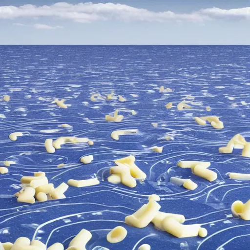 Prompt: On the flat earth, the oceans are prevented from falling off the edge by a giant wall made of macaroni and cheese. Photograph.