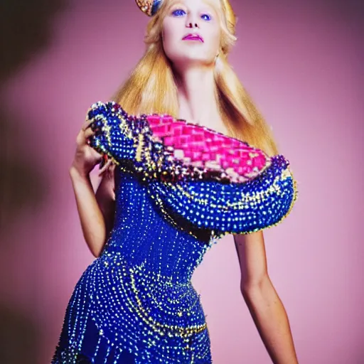 Image similar to a princess with long blonde hair and blue eyes wearing a sleeveless elaborately beaded pink dress and a cone shaped hat, high resolution film still, film by Simon Langton and David Frankel