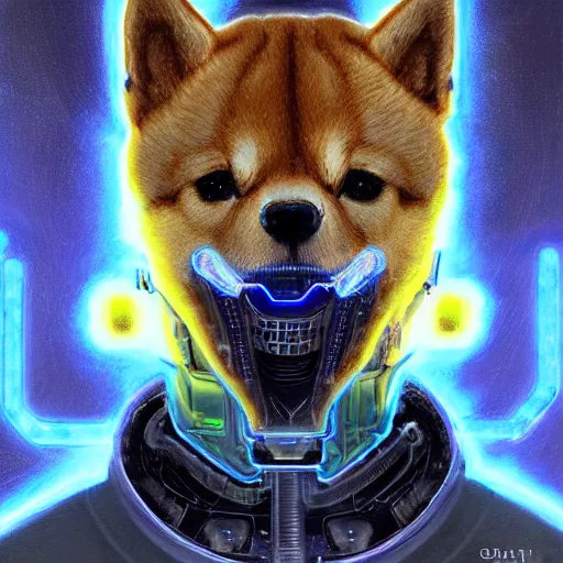 Image similar to tesla power armor realistic cyborg anthropomorphic shiba inu scifi kirlian photography electric field glowing, cyberpunk x - ray, portrait art by donato giancola and greg rutkowski, realistic face, x - ray fields glowing in tesla electricity visible magnetic field, digital art, trending on artstation, symmetry