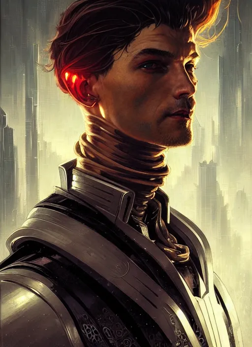 Prompt: portrait of a handsome cyberpunk knight man, beautiful symmetrical face, fantasy, regal, by stanley artgerm lau, greg rutkowski, thomas kindkade, alphonse mucha, loish, norman rockwell.