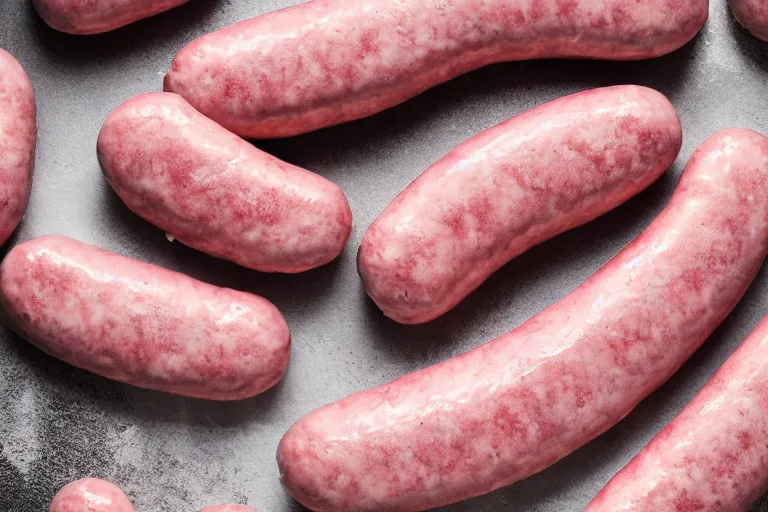 Image similar to cream filled and pink frosted uncooked sausages, studio lighting, photorealistic