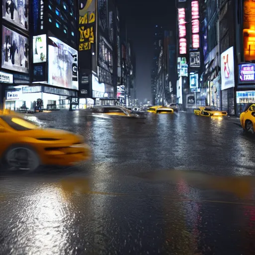 Image similar to « a man walking in a night raining streets, new york, big city, taxi, cars, shops one the side with neons, digital art, highly detailed, photorealistic, unreal engine 5, back view »